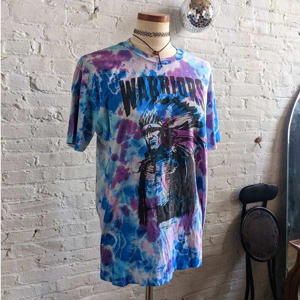 Retro 70s Pastel Tiedye Psychedelic NEFF Warriors Graphic Print Oversize Tee - Picture 3 of 7